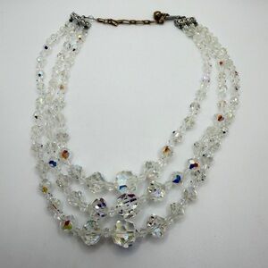 up to 16" VTG Japan Three Strand Graduated Aurora Borealis Crystal Necklace!